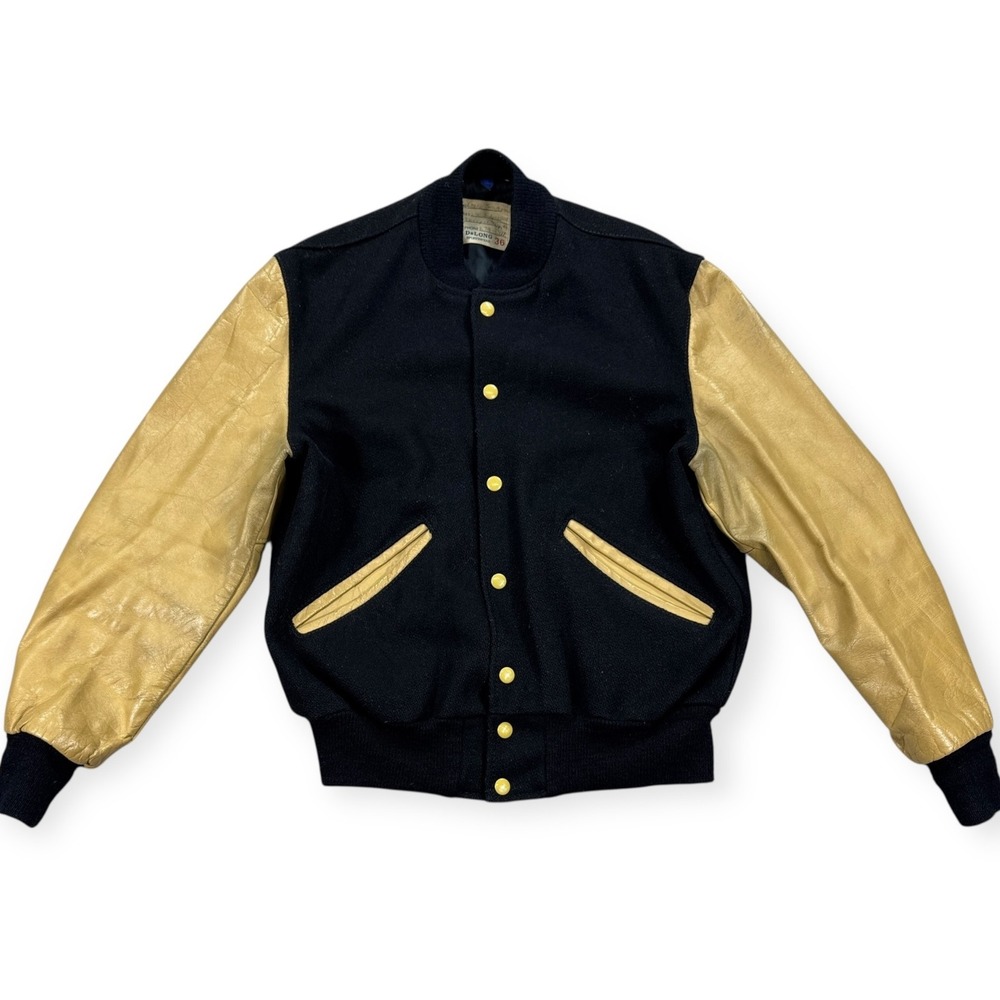 Vintage DeLong Jacket Men's Size 36 Black Tan Varsity‎ Letterman Sports